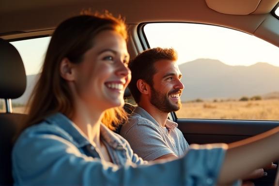 Familia feliz viajando en su coche.